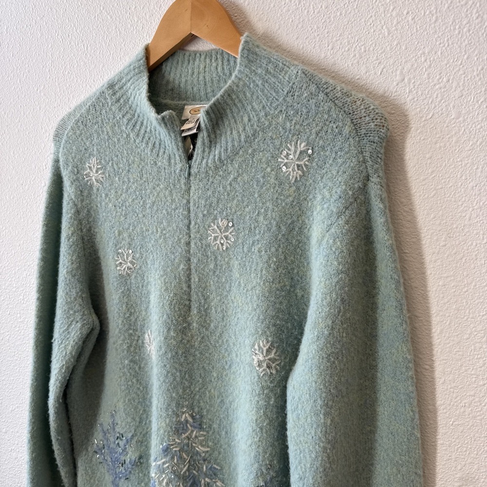 Talbots Blue Sparkle Beaded Wool Blend Stretch Christmas Tree Sweater New Large - Picture 3 of 13